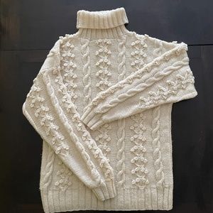 handmade vintage off white  neck cable stitch flower knit, XL unisex sweater